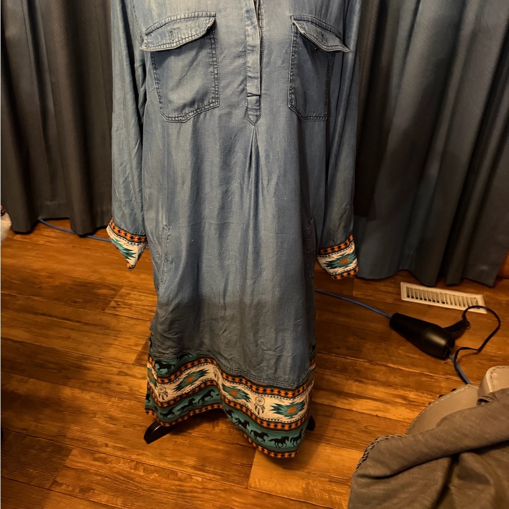 Blue Denim Maxi Dress with Patterned Trim
